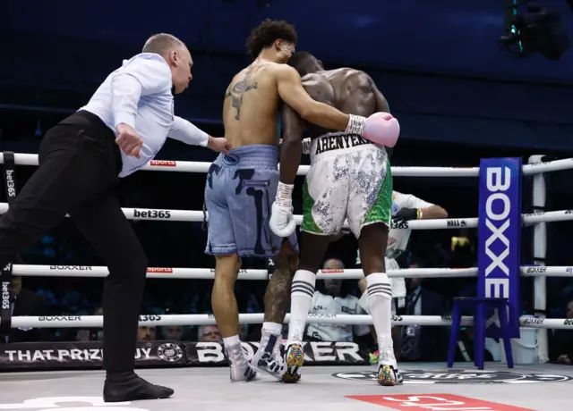 Eworitse Arenyeka headbutts Ben Whittaker after being escorted to his corner by Whittaker