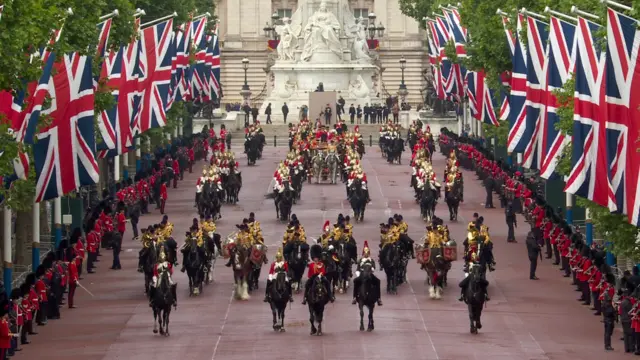 Trooping the Colour is beginning as a parade starts down the Mall