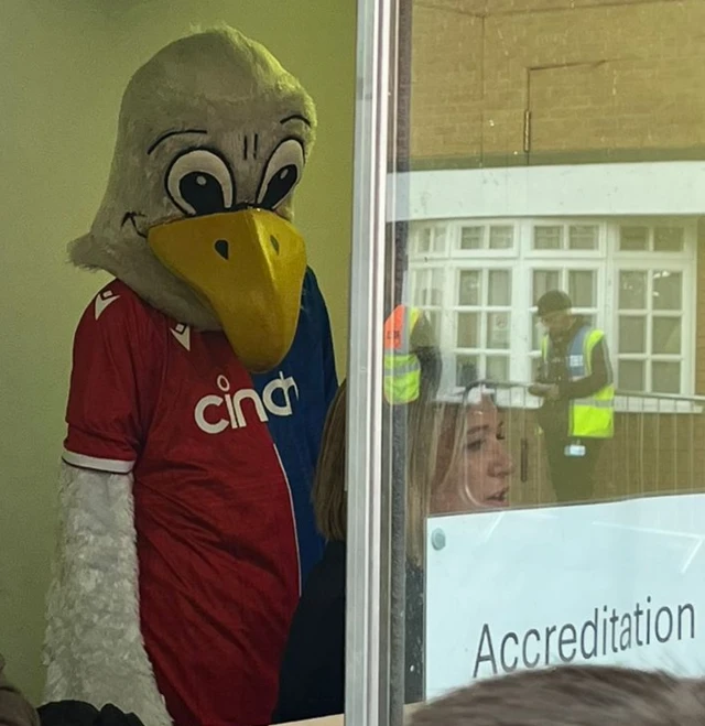 Crystal Palace eagle mascot mans the media credential desk at Selhurst Park