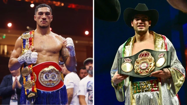 Split image of Jai Opetaia with his IBF title and Gilberto Ramirez with his WBA belt