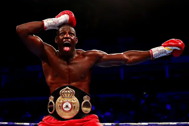 Richard Riakporhe puts his hand on his head as he celebrates beating Chris Billam Smith