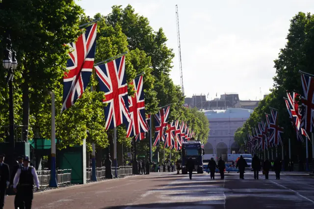 A landscape shot of The Mall lined with England flags