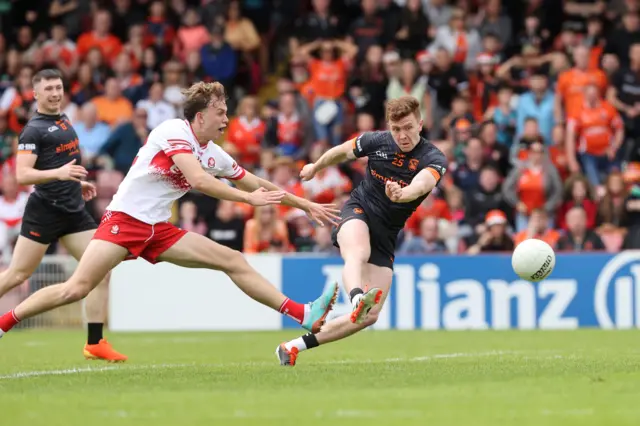 Ross McQuillan fires home Armagh's first goal against Derry a fortnight ago