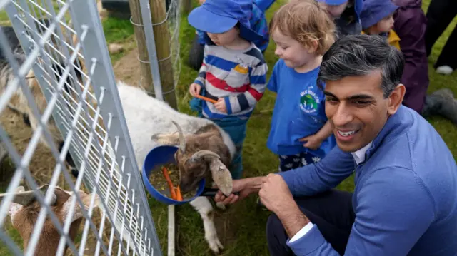 Rishi Sunak feeding a goat alongside young children while out campaigning