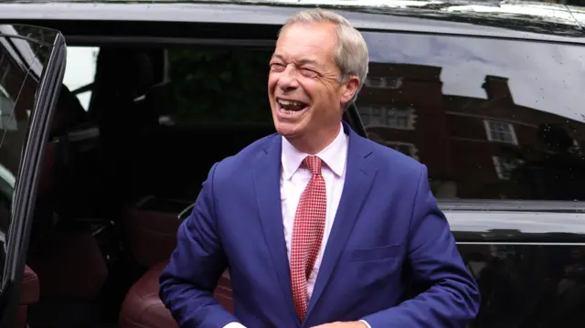 Reform UK Leader Nigel Farage arrives to make an election speech in London, Britain, 14 June 2024. Britain is to hold a snap election on 04 July 2024.