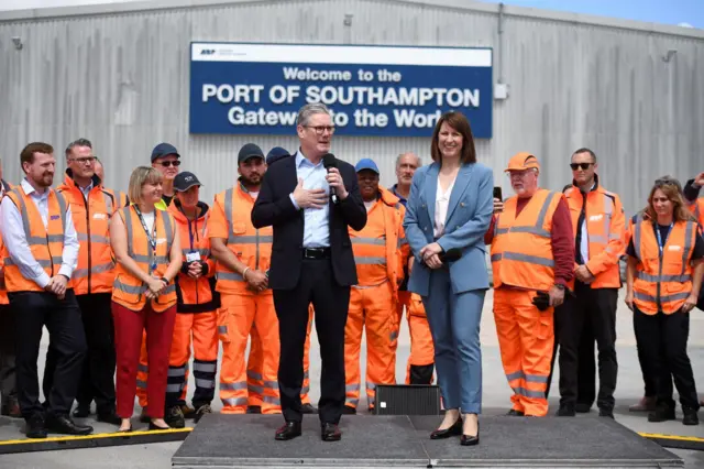 British opposition Labour Party leader Keir Starmer speaks next to Shadow Chancellor of the Exchequer Rachel Reeves during a Labour general election campaign event in Southampton