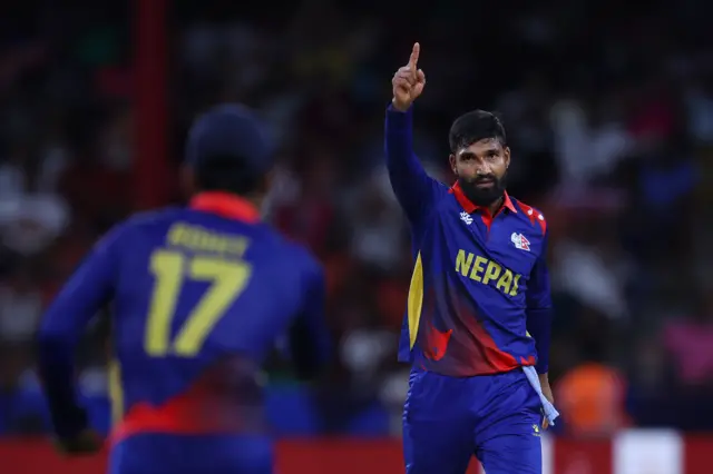 Dipendra Singh Airee of Nepal celebrates after dismissing Rishad Hossain of Bangladesh (not pictured) during the ICC Men's T20 Cricket World Cup West Indies & USA 2024 match