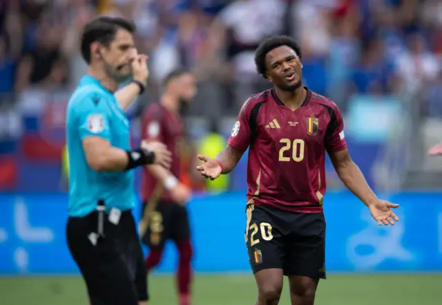 Lois Openda complains to the referee after ruling out Belgium's equaliser against Slovakia