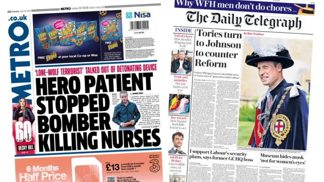 A composite of the front pages of Metro and the Daily Telegraph