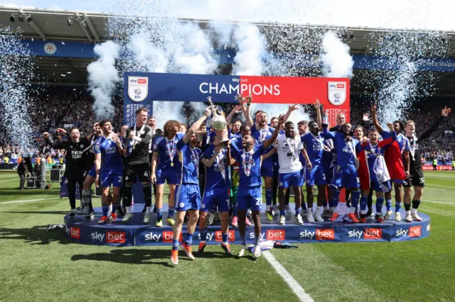 Leicester City celebrate winning the 2023/24 Championship title