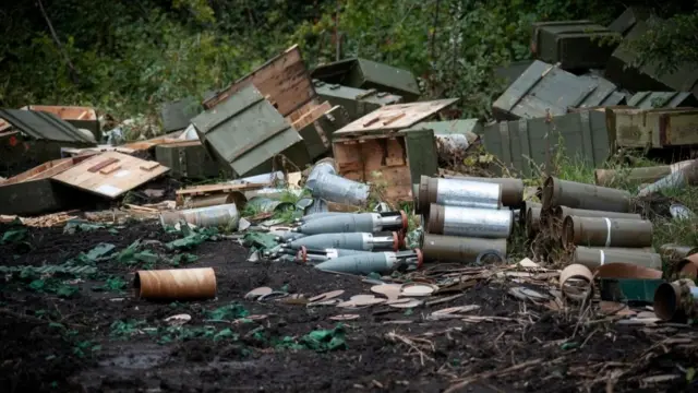 Russia artillery shells captured by the Ukrainian Armed Forces during counteroffensive operation are seen near the town of Izium