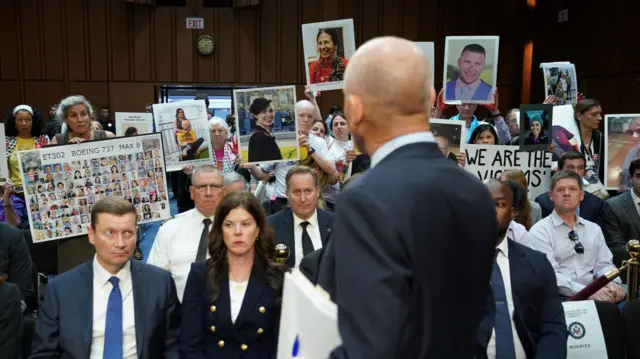 Boeing's CEO Dave Calhoun faces families and apologizes for the loss of their loved ones upon his arrival to testify before a Senate Homeland Security and Governmental Affairs Committee Investigations Subcommittee hearing on the safety culture at Boeing, on Capitol Hill