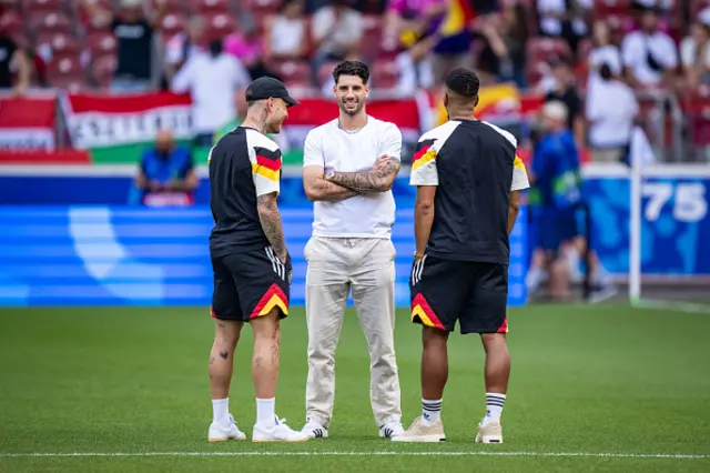 David Raum of Germany, Dominik Szoboszlai of Hungary and Benjamin Henrichs of Germany