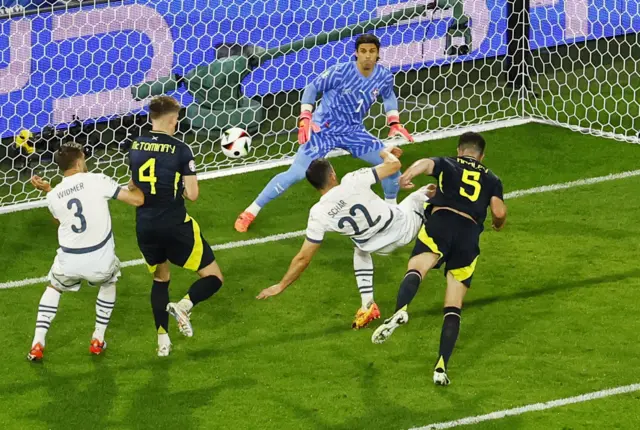 Grant Hanley's header for Scotland against Switzerland comes back off the post