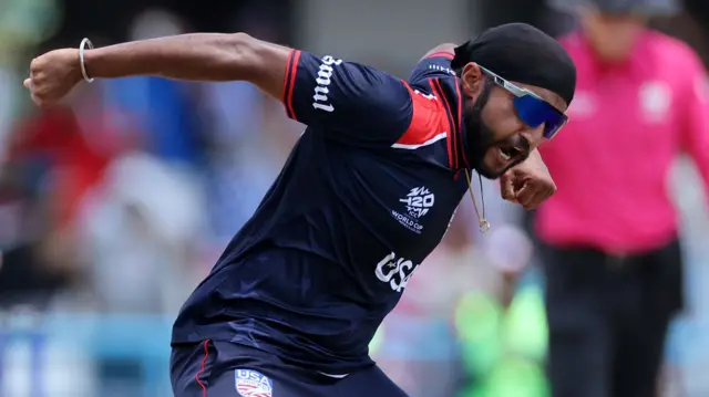 Harmeet Singh of USA celebrates taking the wicket of Quinton de Kock of South Africa during the ICC Men's T20 Cricket World Cup West Indies & USA 2024 Super Eight match