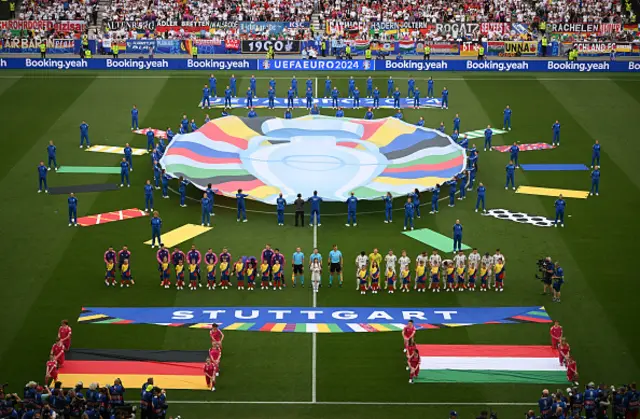 A general view as players of Germany and Hungary line up