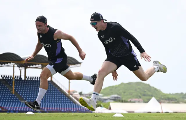 Jos Buttler and Harry Brook during an England training session