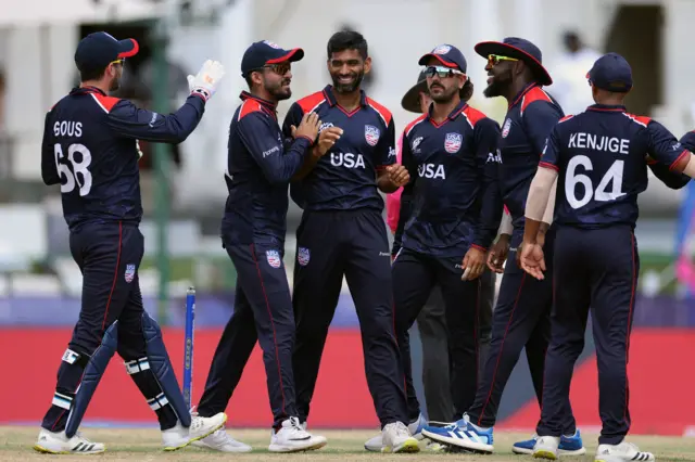 Saurabh Netravalkar celebrates the wicket of Reeza Hendricks