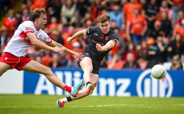 Ross McQuillan scores Armagh's first goal against Derry at Celtic Park