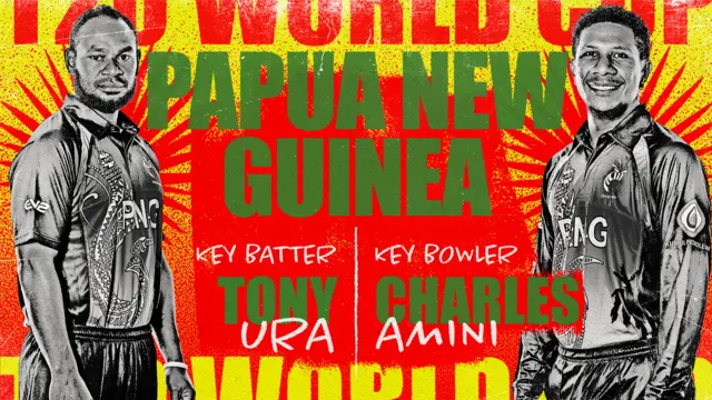 A graphic showing Tony Ura and Charlies Amini as Papua New Guinea's key batter and bowler at the Men's T20 World Cup