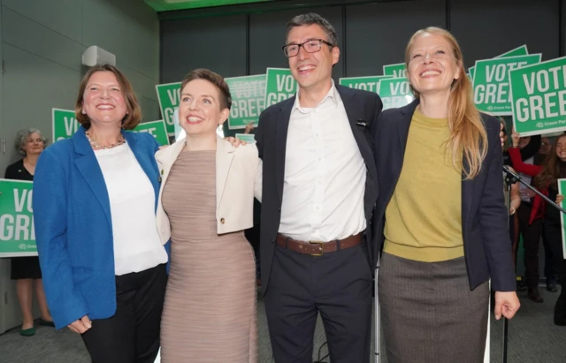 Green Party parliamentary candidates Ellie Chowns, Carla Denyer, Adrian Ramsay and Sian Berry during the election campaign launch in Bristol