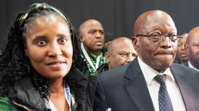 South Africa's former President Jacob Zuma arrives with his daughter and member of uMkhonto weSizwe (MK) Duduzile Zuma at the National Results Operation Centre of the IEC, which serves as an operational hub where results of the national election are displayed, in Midrand, South Africa, June 1, 2024