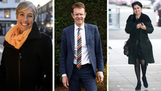 From left to right Daisy Cooper from the Liberal Democrats, for the Tories former West Midlands mayor Andy Street and for Labour Baroness Shami Chakrabarti