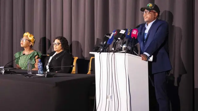 Secretary General of the African National Congress, Fikile Mbalula addresses the media at the IEC center in Johannesburg, South Africa, 02 June 2024