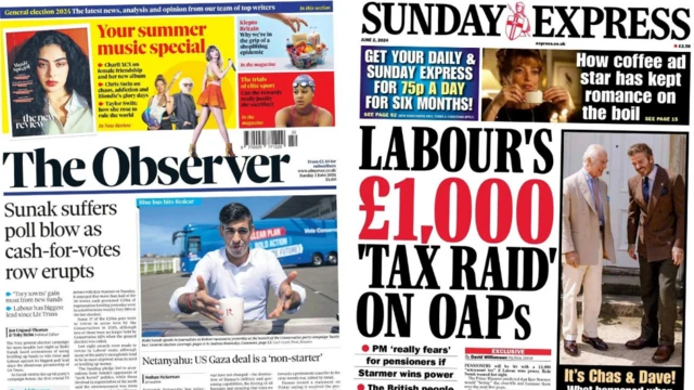 The Observer and Sunday Express front pages on 2 June 2024