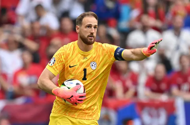 Jan Oblak of Slovenia gestures