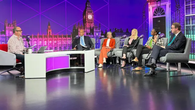 Candidates in the studio with Lorraine Francis' hand raised