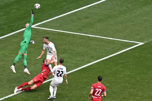 Serbia's goalkeeper #01 Predrag Rajkovic (L) deflects the ball