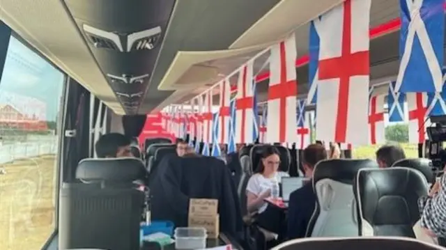 Labour bus decorated with English and Scottish flags