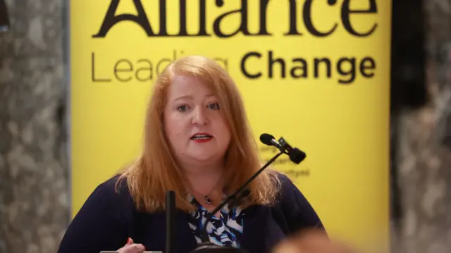 Alliance leader Naomi Long (right) speaking during the party's General Election manifesto launch at the Ivanhoe Hotel in Belfast. Picture date: Thursday June 20, 2024.