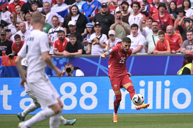 Serbia's defender Filip Mladenovic kicks the ball