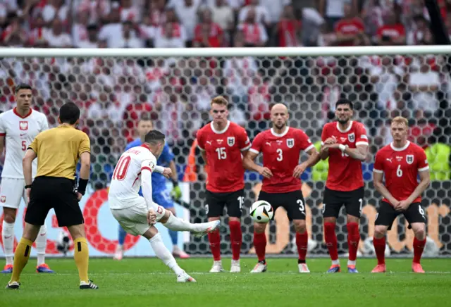 Poland's Piotr Zielinski shoots at goal from a free kick