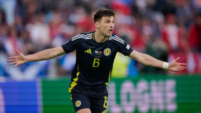 Scotland defender Kieran Tierney in action against Switzerland during Euro 2024