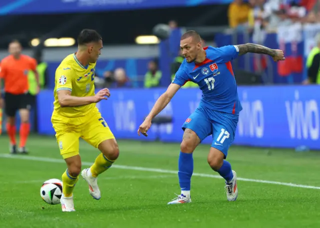 Ukraine's Oleksandr Tymchyk in action with Slovakia's Lukas Haraslin