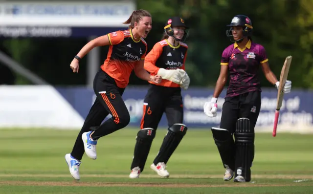 Grace Ballinger of The Blaze celebrates after getting Davina Perrin of Central Sparks out during the Charlotte Edwards Cup Semi Final match between The Blaze and Central Sparks