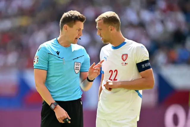 Soucek speaks to the referee