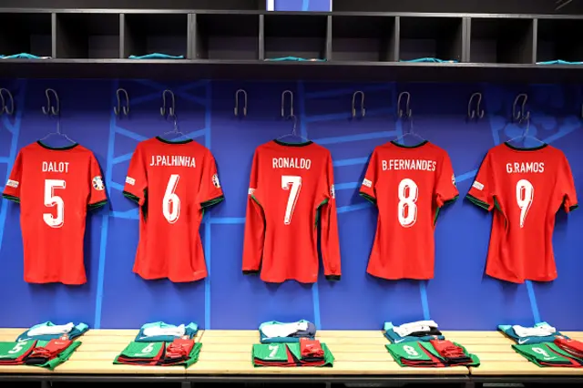 : The shirts of Diogo Dalot, Joao Palhinha, Cristiano Ronaldo, Bruno Fernandes and Goncalo Ramos