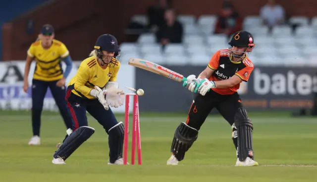 Kathryn Bryce is bowled for 62 by Dani Gregory in the Charlotte Edwards Cup final