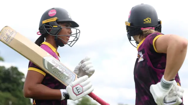 Davina Perrin and Ami Campbell of Central Sparks during the Charlotte Edwards Cup Semi Final match between The Blaze and Central Sparks