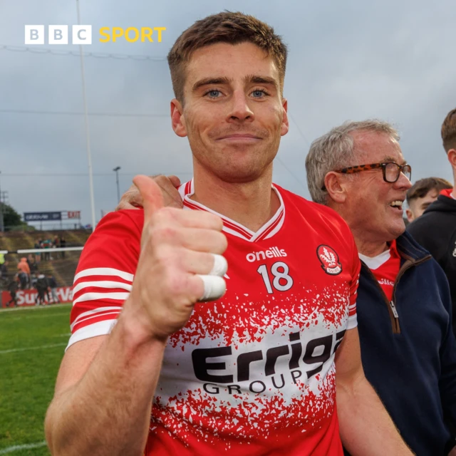 Derry's Conor Doherty celebrates scoring the winning penalty