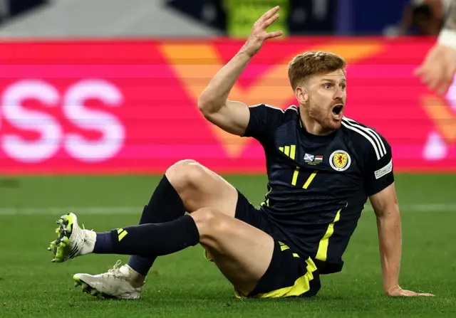 Scotland's Stuart Armstrong appeals in vain for a penalty against Hungary