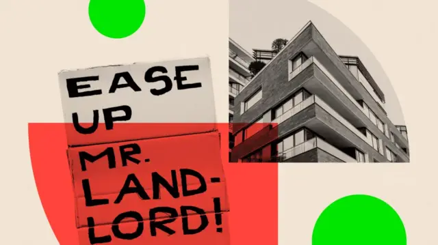 Graphic showing a flat and a sign edited next to each other, it reads "Ease Up Mr Landlord!"