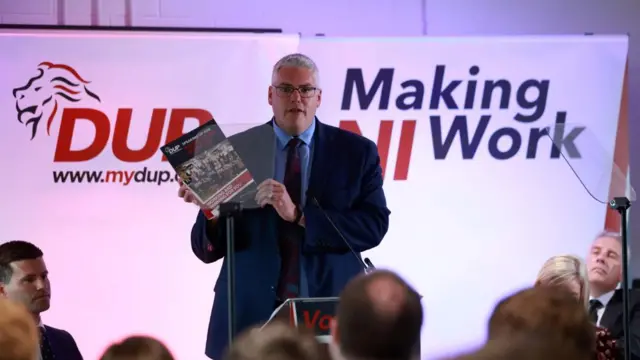 DUP Leader Gavin Robinson speaking during the launch the party's manifesto at Danny Blanchflower Stadium in east Belfast, while on the General Election campaign trail.