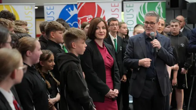 Labour Party leader Sir Keir Starmer (right) and shadow education secretary Bridget Phillipson (centre) take part in a student question and answer session during a visit to a school in Northamptonshire, while on the General Election campaign trail.