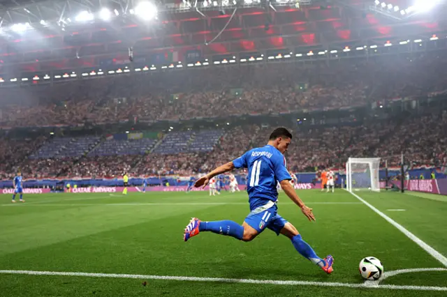 A general view of the inside of the stadium as Giacomo Raspadori of Italy takes a corner