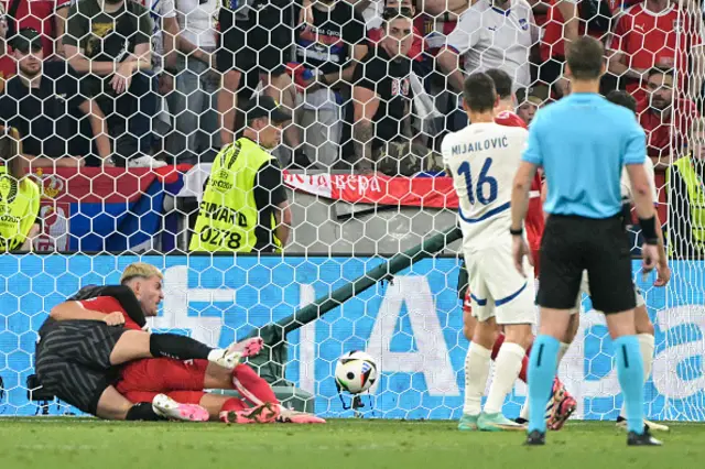 Jonas Wind (2ndL) collides with Serbia's goalkeeper #01 Predrag Rajkovic